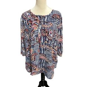 Anthropologie Fig & Flower Plus Size 2X Red  Blue Bohemian Blouse Shirt
